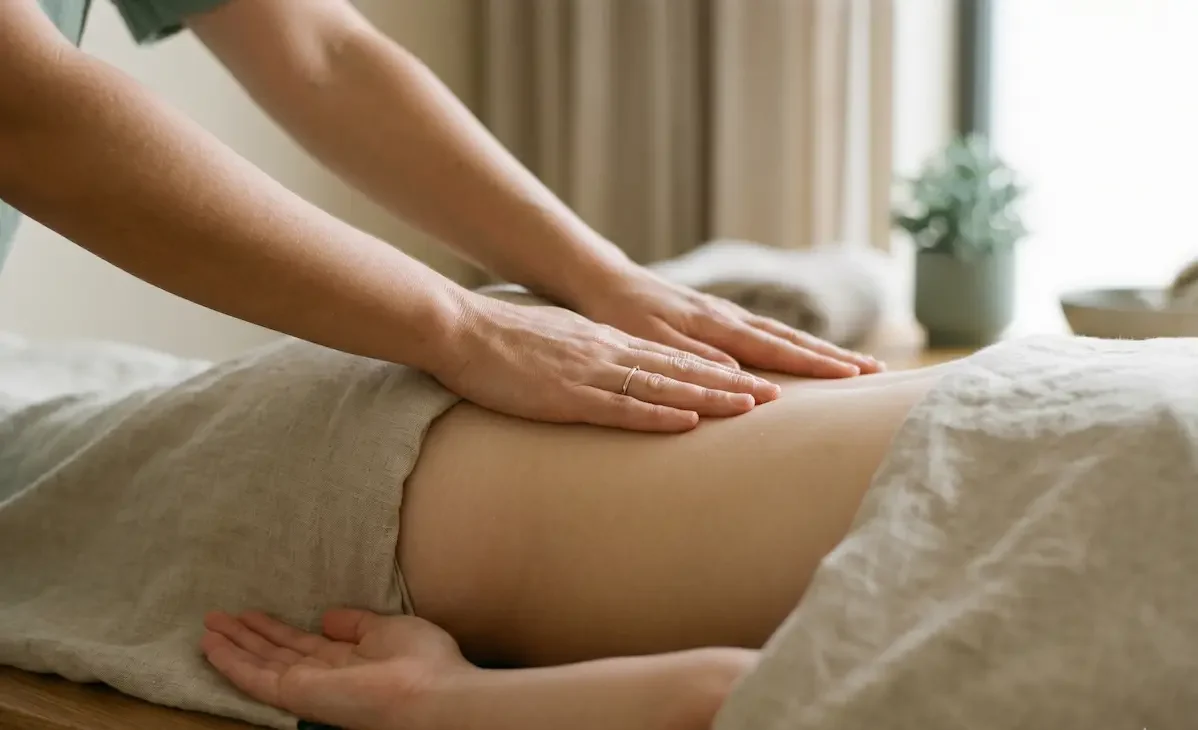 Osteópata aplicando terapia manual suave en la espalda baja de un paciente